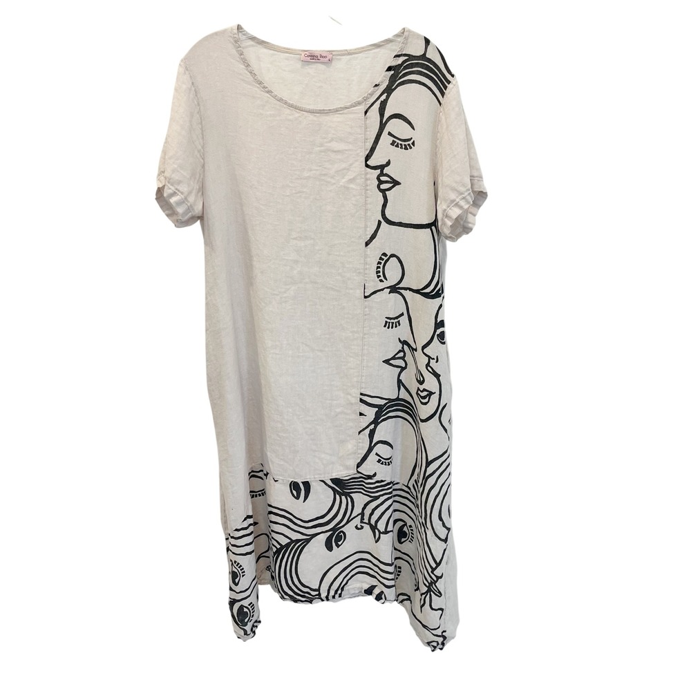 Caterina‎ Ricci Italy Linen Dress Artsy Lagenlook Face Print Beige Art - LARGE
